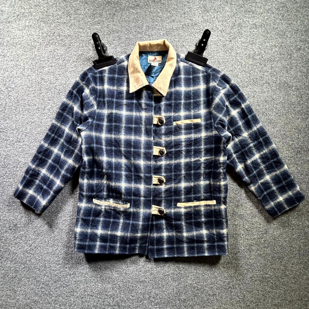 Vintage Crazy Horse Barn Jacket Womens Medium Blue Plaid Corduroy Collar Lined